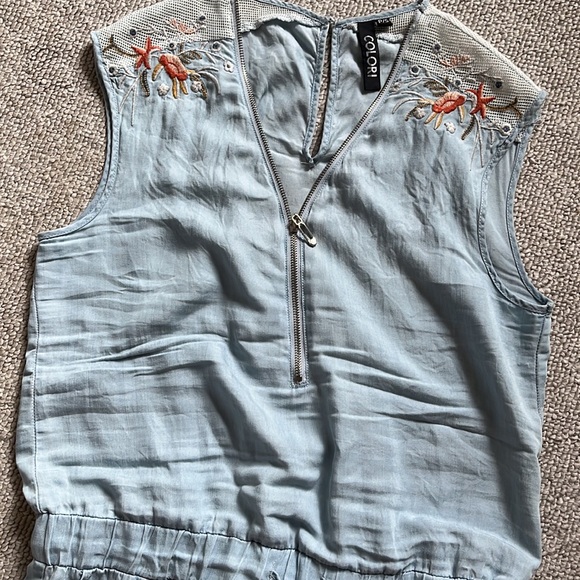 Embroidered Mesh Zip Up Short Chambray Romper Stretch Tie Up Pocket Denim Kawaii - Picture 8 of 10